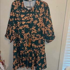 Floral Green and Orange Drop Waist Flowy Peasant Mini Dress